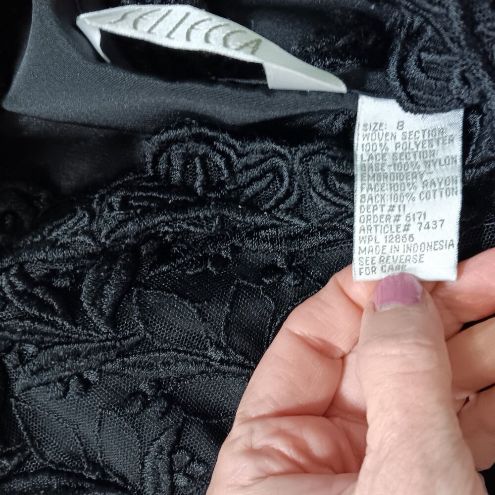 Vintage Black Satin & Lace with white buttons Sellecca brand blouse, size 8 - Picture 9 of 9